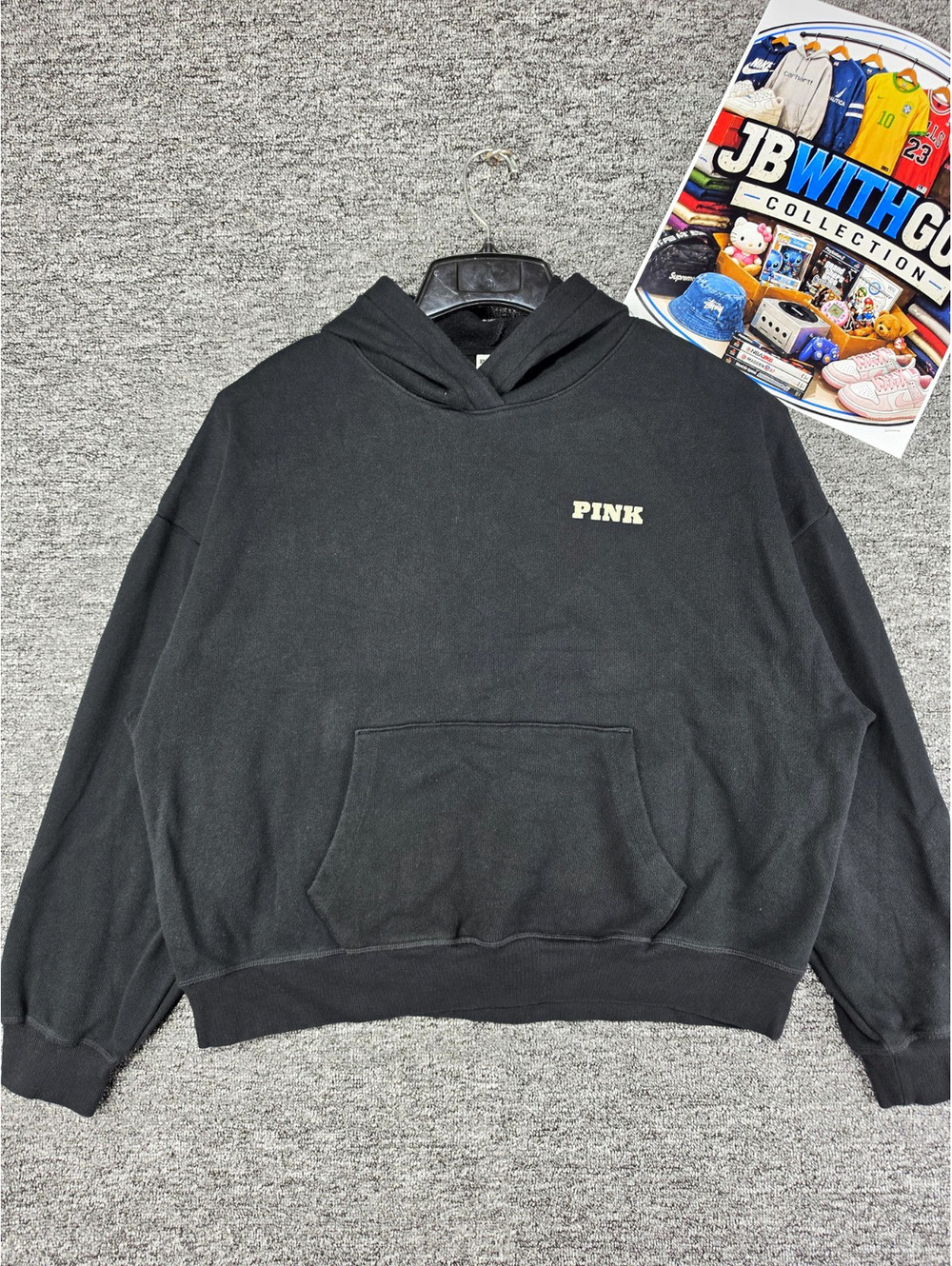 PINK Women's Pullover Hoodie Black Fleece Logo Hooded Pockets Relaxed Fit L